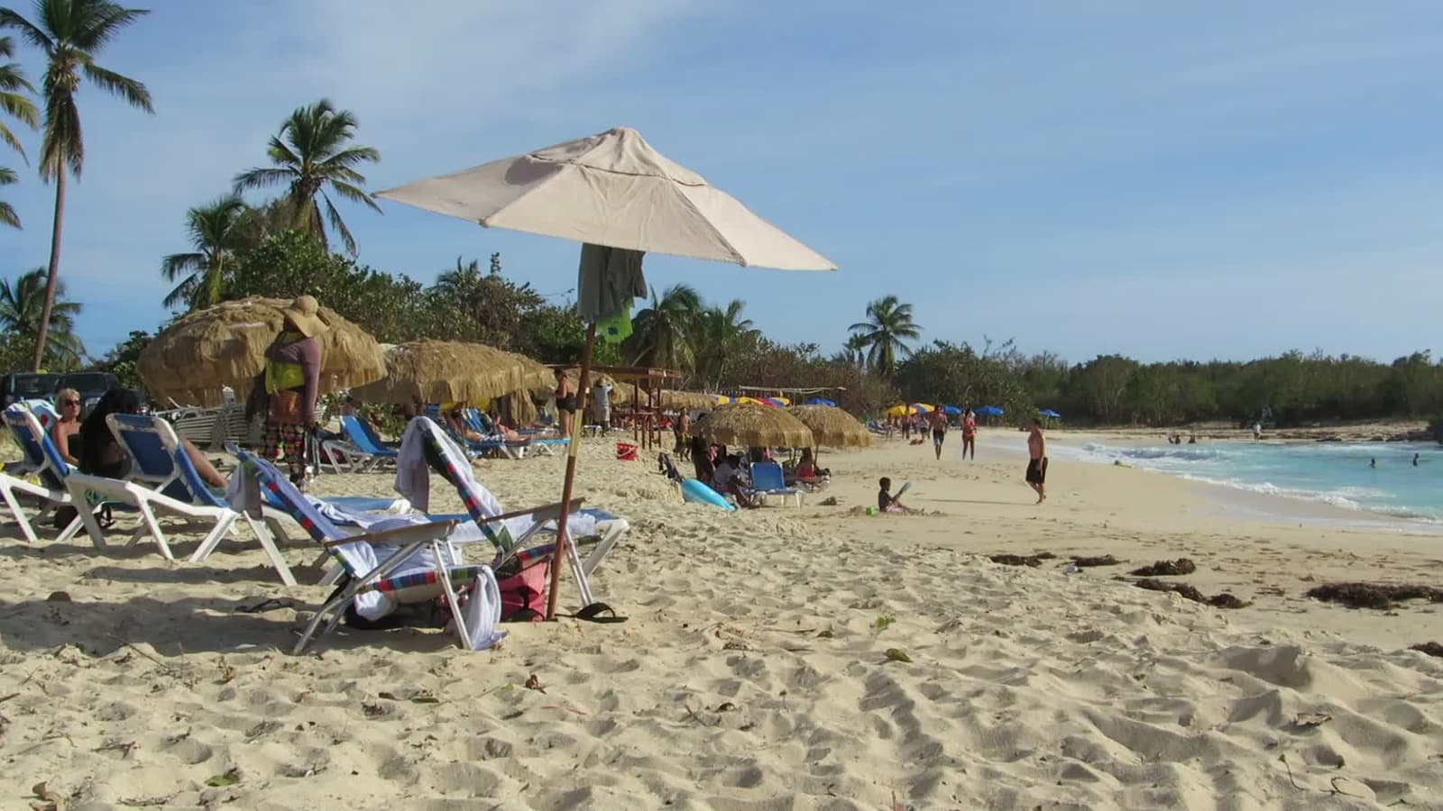 Loungers and parasols on the sand at Mullet Bay