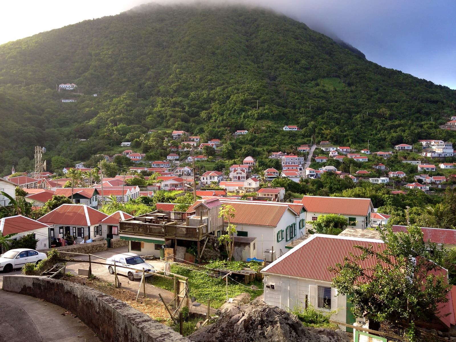 The red-roofed village of Windwardside on the green slopes of Saba