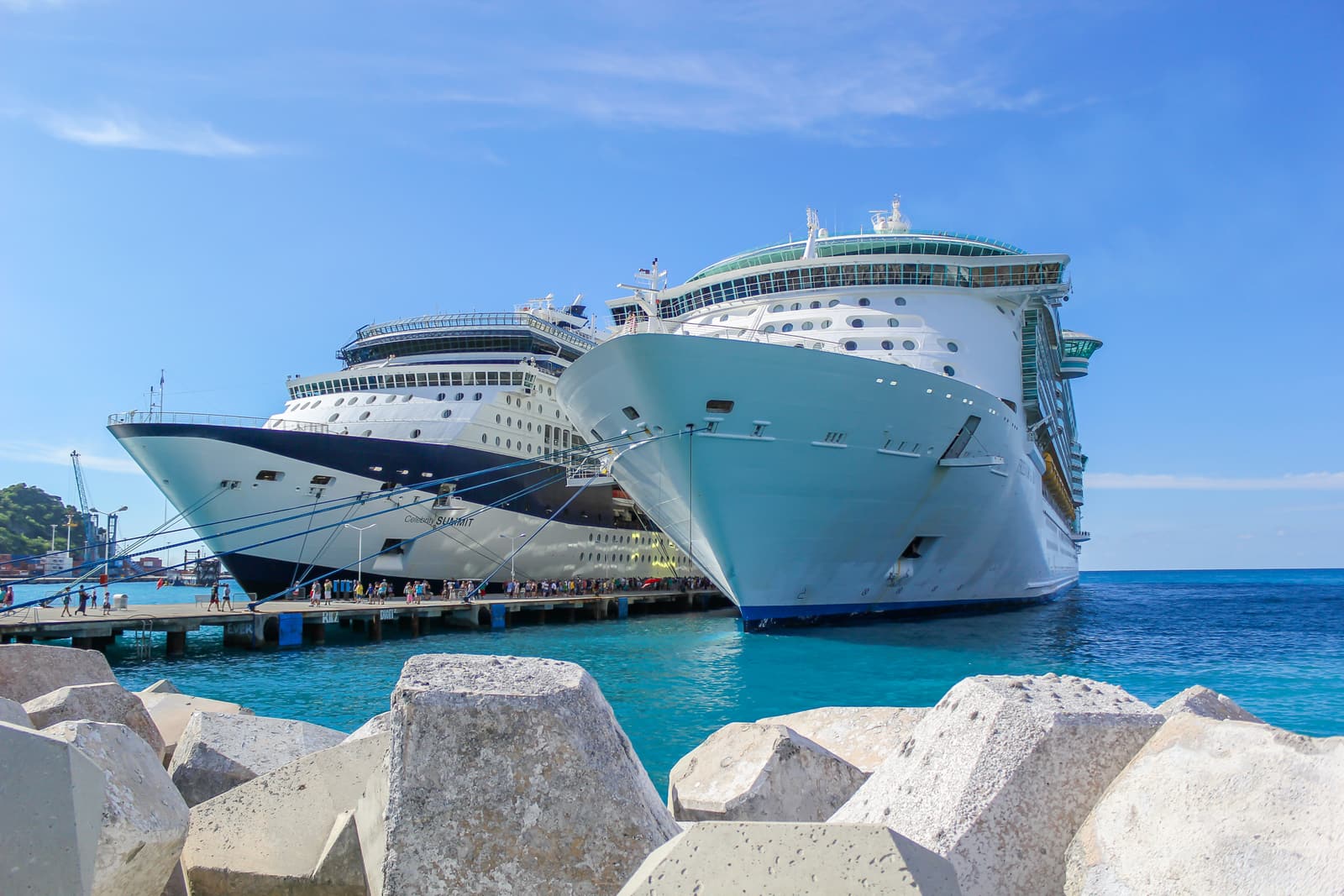 Two large cruise ships alongside the pier at Philipsburg