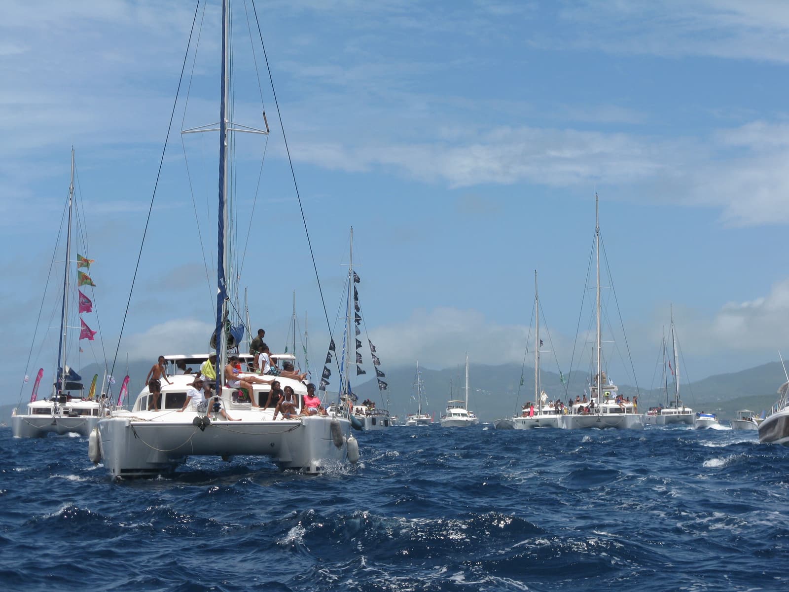 Sailing catamarans under way on a breezy Caribbean sea